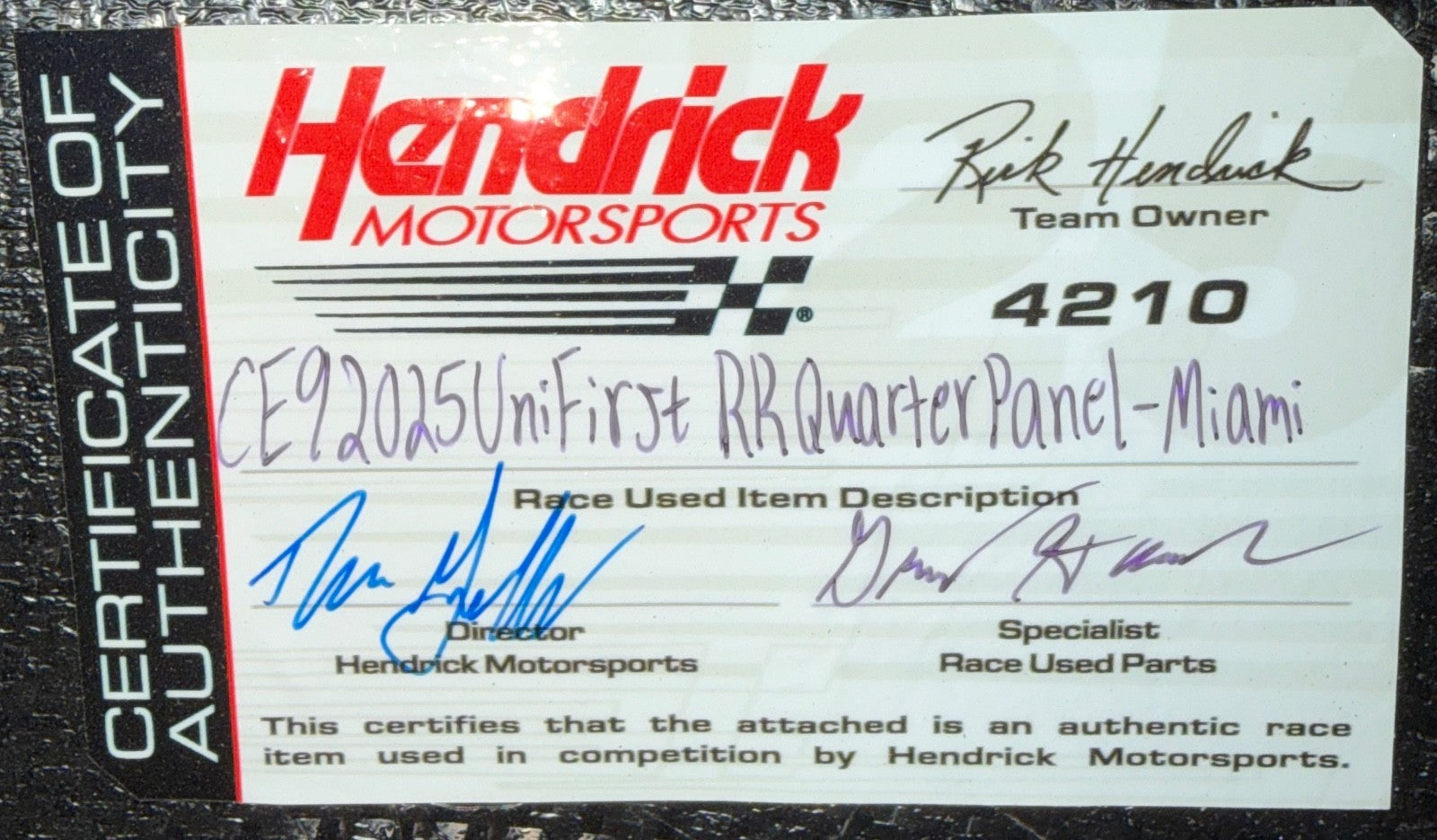 2025 Chase Elliott UniFirst Homestead Signed Race Used 10x7 Sheetmetal Piece (E)4