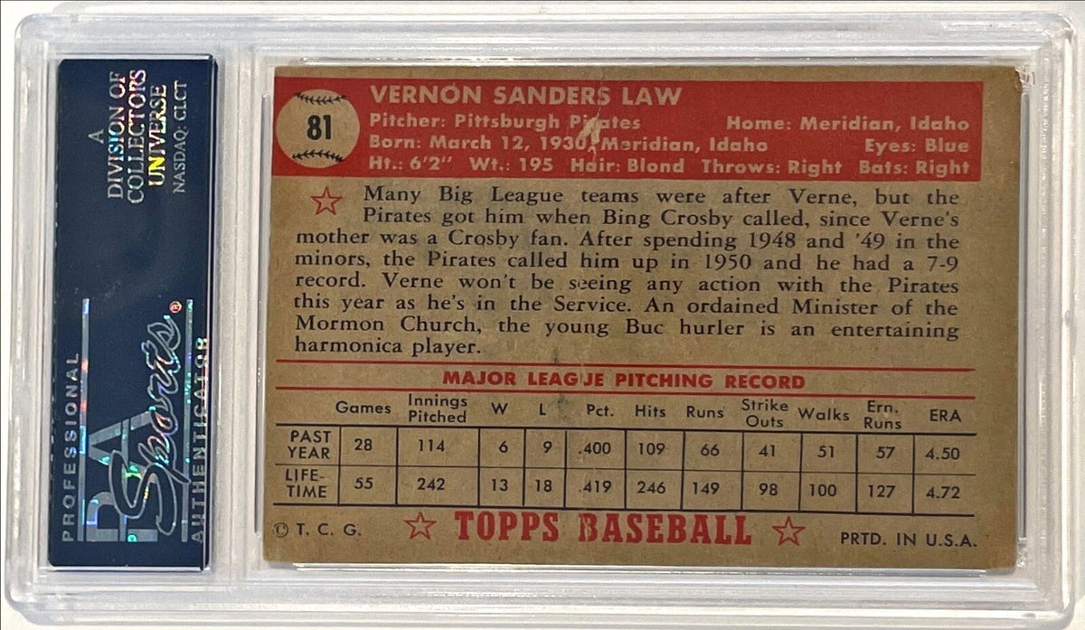 1952 Topps Vern Vernon Law Pittsburgh Pirates Signed Auto Card #81 PSA/DNA1