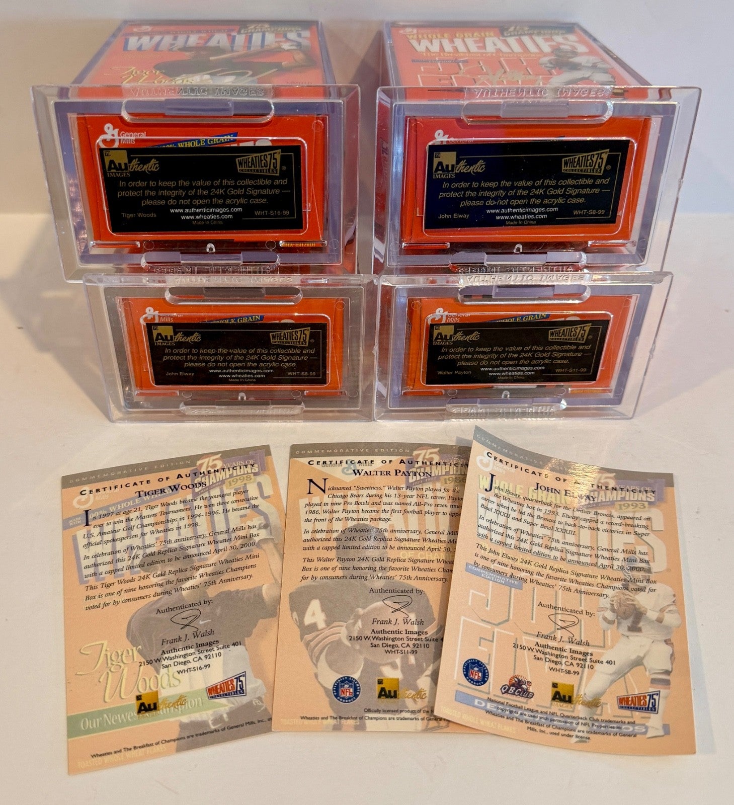 (4) BRAND NEW Wheaties 75th Anniversary Gold Mini Boxes Elway Woods Payton1