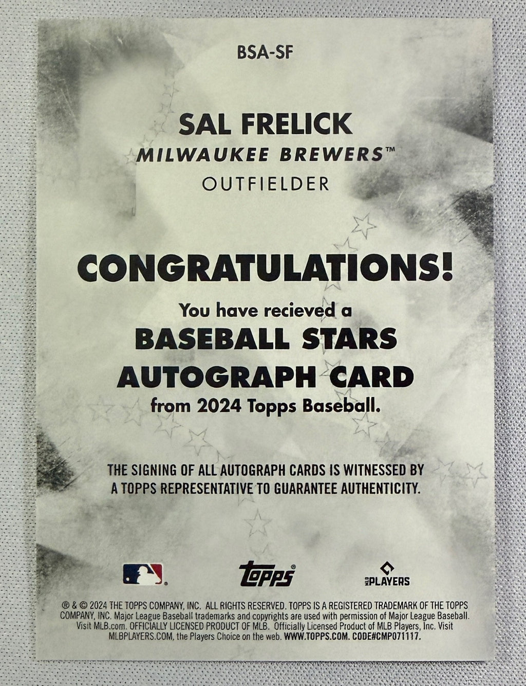 2024 Topps Baseball Sal Frelick Milwaukee Brewers Rookie Auto Card #BSA-SF1