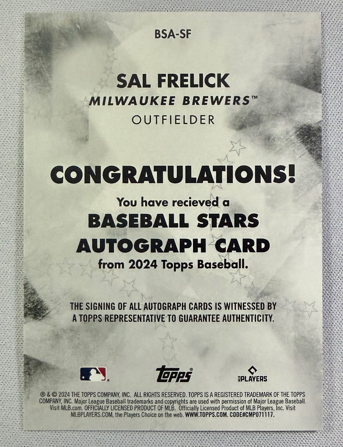 2024 Topps Baseball Sal Frelick Milwaukee Brewers Rookie Auto Card #BSA-SF1
