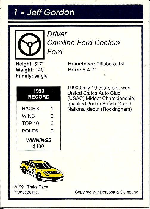 1991 Traks Jeff Gordon Signed Auto NASCAR ROOKIE RC Card #1 W/ COA1