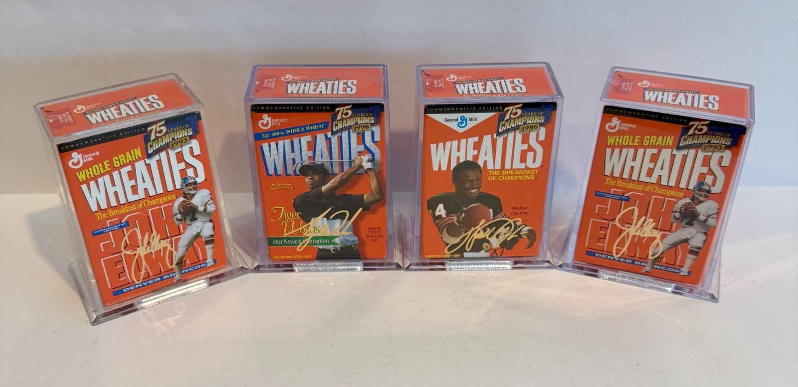 (4) BRAND NEW Wheaties 75th Anniversary Gold Mini Boxes Elway Woods Payton0