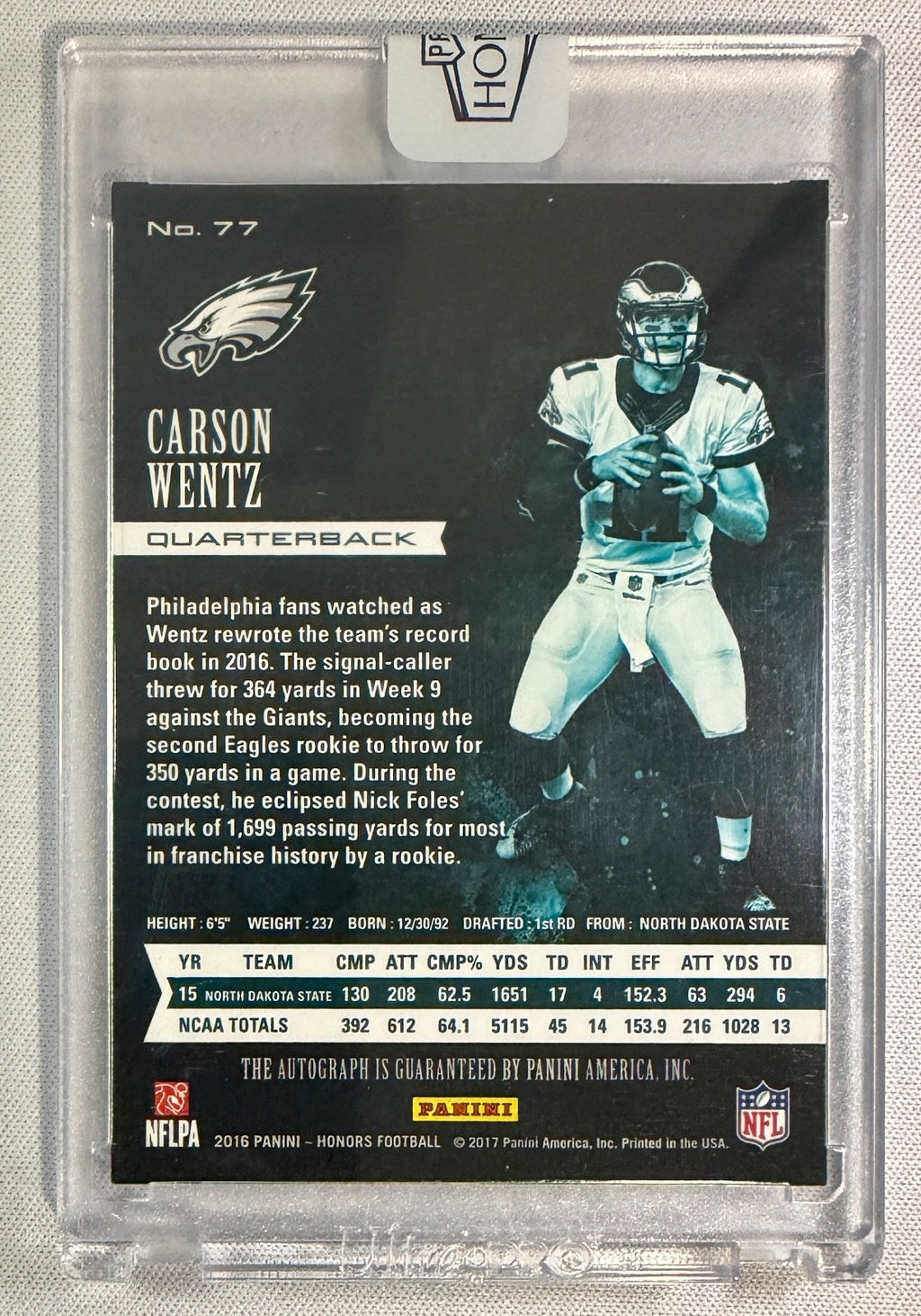 2016 Panini Honors Carson Wentz Eagles Rookie Auto Card #77 #'d 26/501