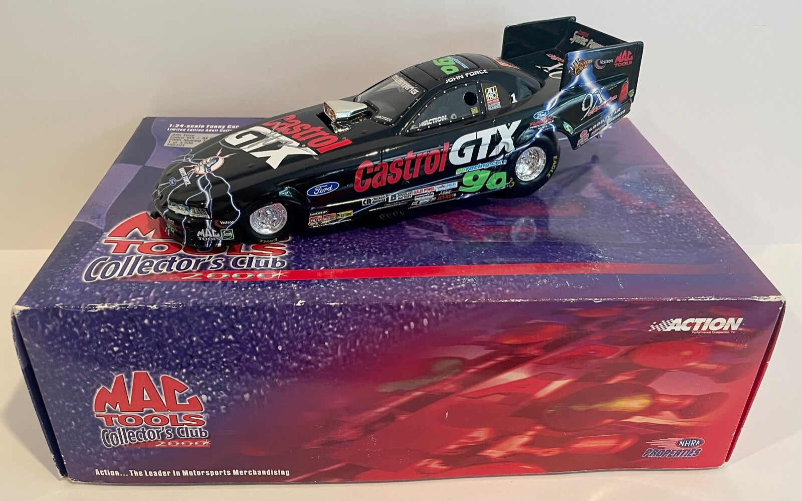 2002 John Force Gastrol GTX NHRA Mustang Fun Signed Auto 1/24 Diecast Car W/ COA0