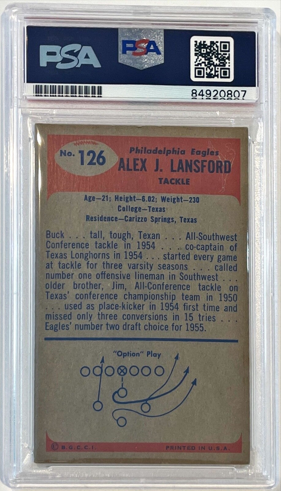 1955 Bowman Alex Lansford Philadelphia Eagles Signed Auto Card #126 PSA/DNA1