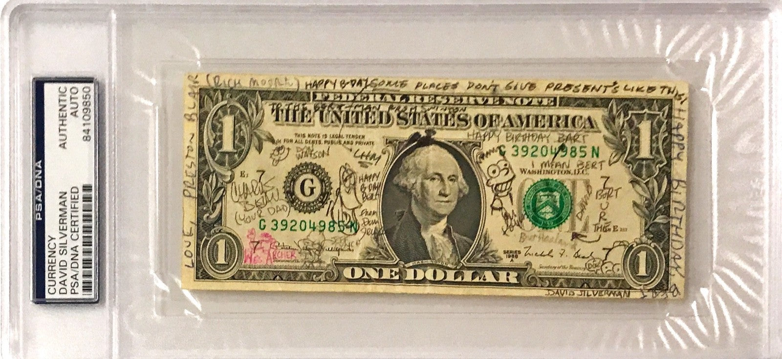 David Silverman Wes Archer Simpsons Multi Sketch & Signed Dollar Bill PSA/DNA 0