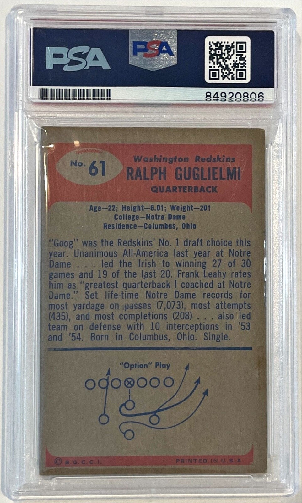 1955 Bowman Ralph Gugliemi Washington Redskins Signed Auto Card #61 PSA/DNA1