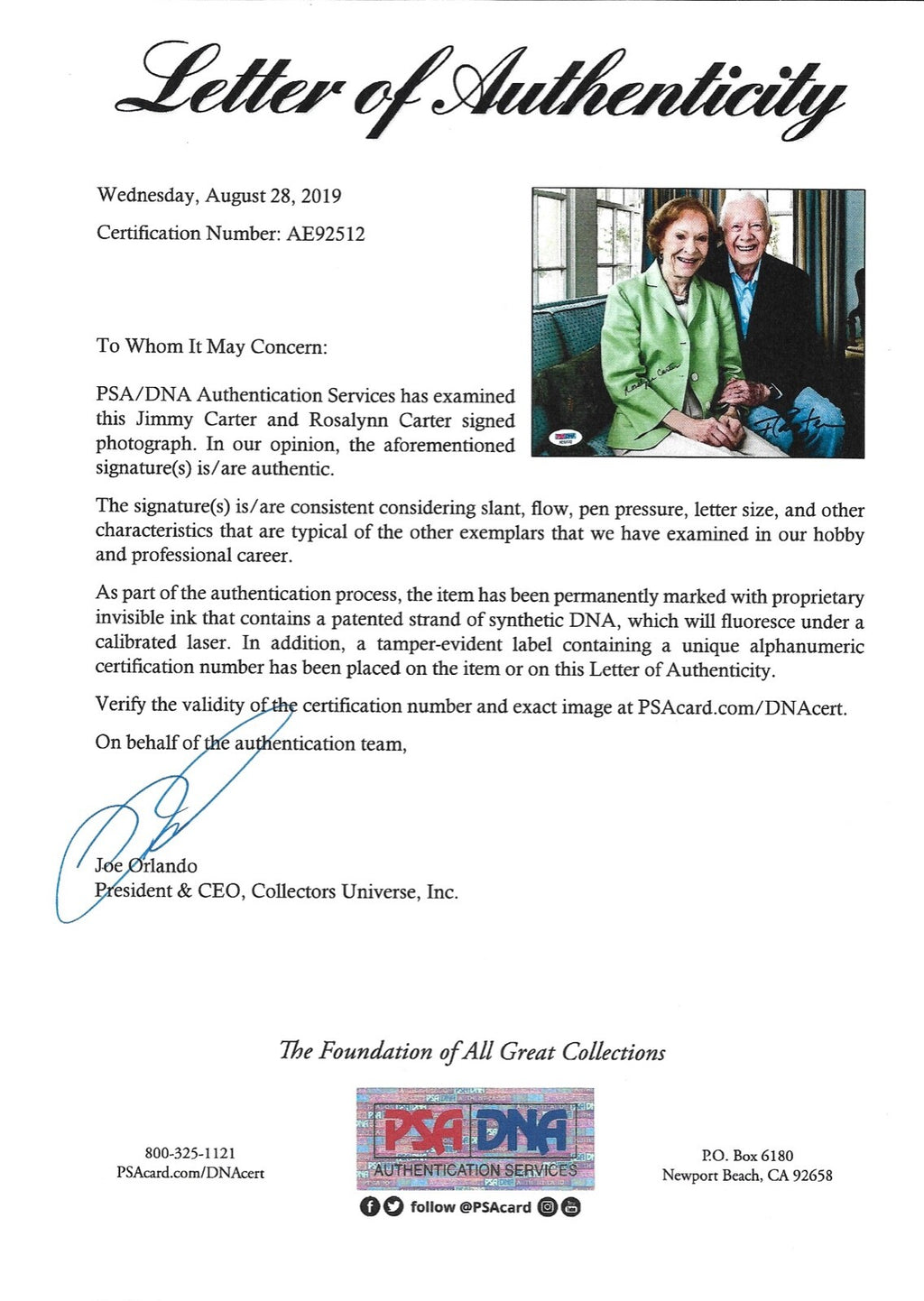 President Jimmy Carter & Rosalynn Carter Dual Signed 8x10 Photo PSA/DNA COA (A)1