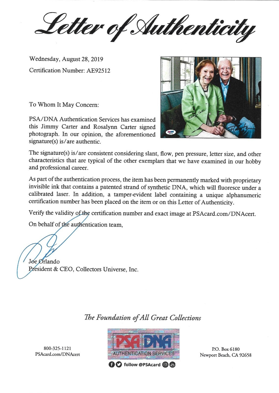 President Jimmy Carter & Rosalynn Carter Dual Signed 8x10 Photo PSA/DNA COA (A)1