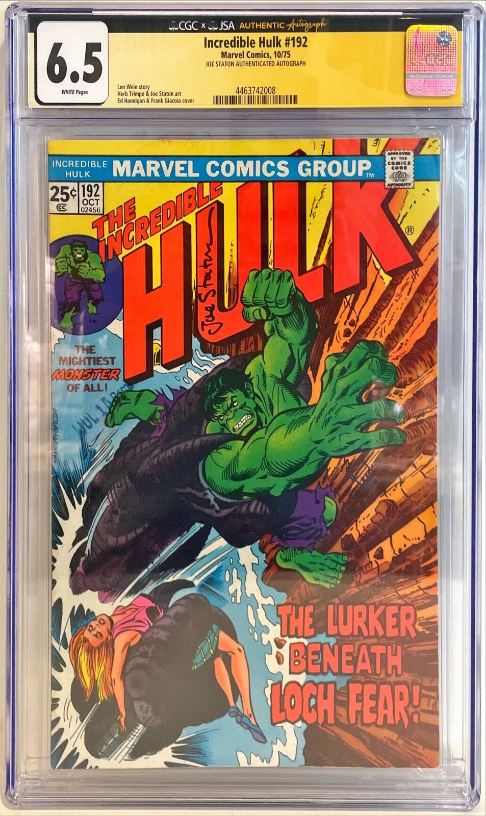 1975 Marvel The Incredible Hulk #192 Joe Staton Signed Auto Comic JSA CGC 6.50