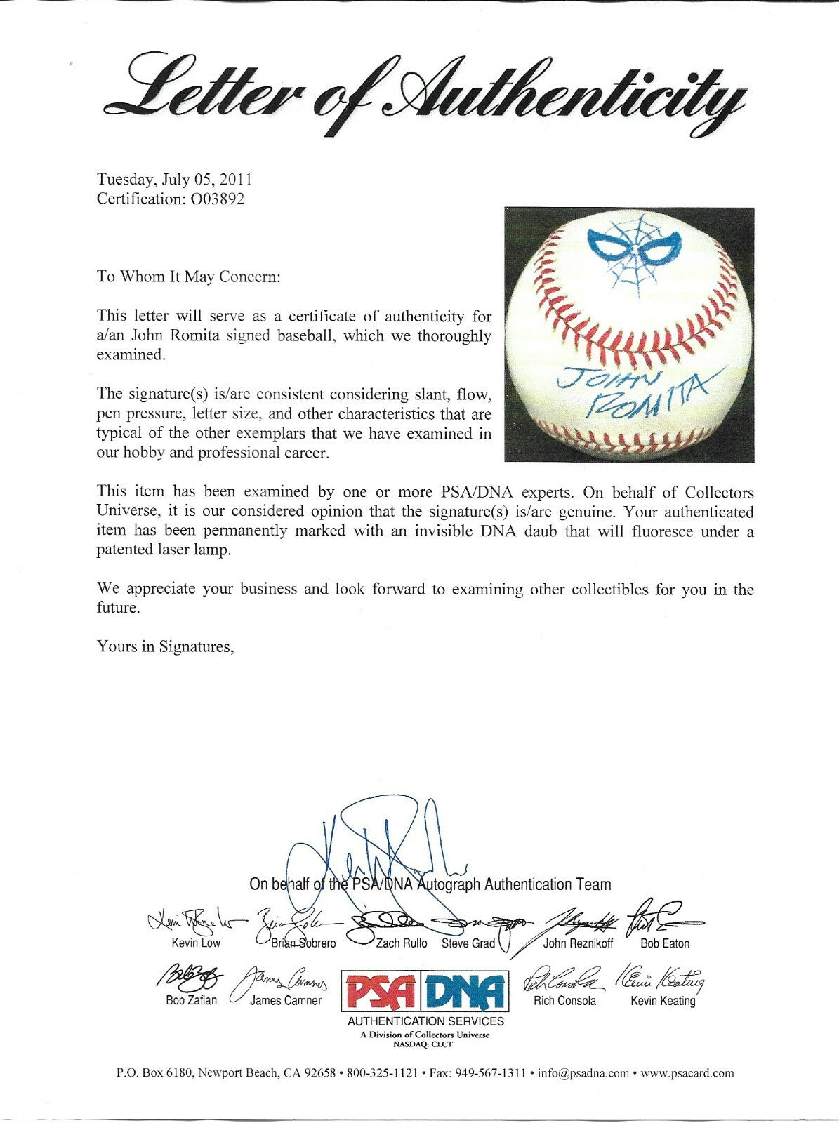John Romita Signed Spiderman Marvel Original Art Sketch OMLB Baseball PSA/DNA 3