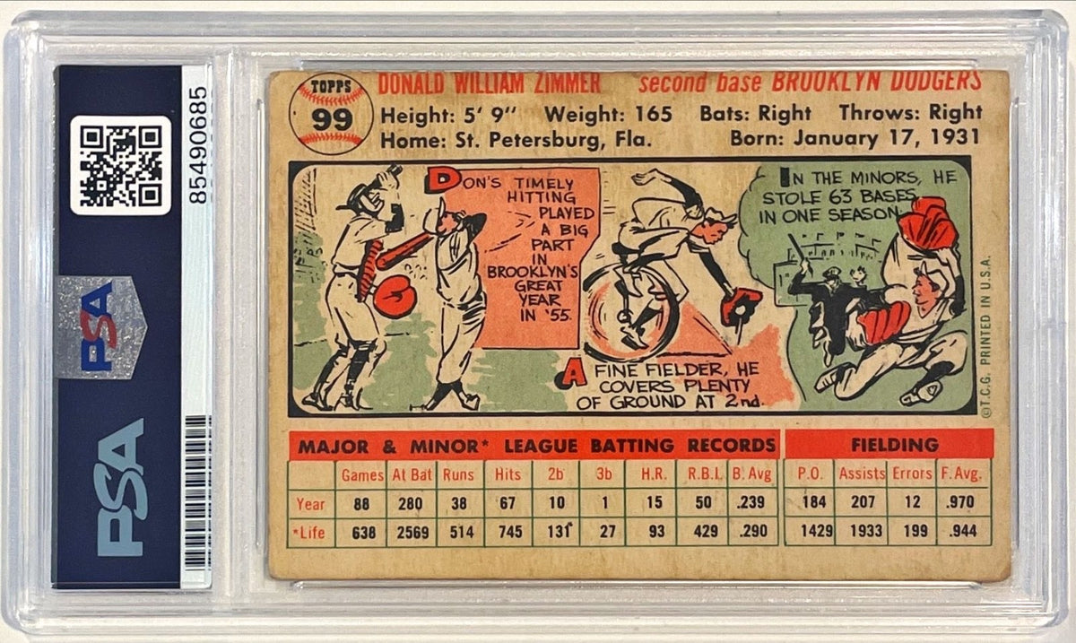 1956 Topps Don Zimmer Brooklyn Dodgers Signed Auto Card #99 PSA DNA1