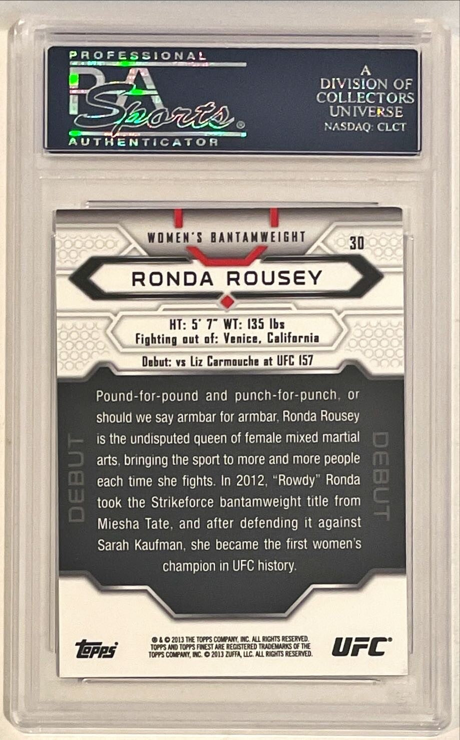 2013 Topps Finest UFC WWE Ronda Rousey Signed Auto RC Rookie BLUE #30 PSA DNA1