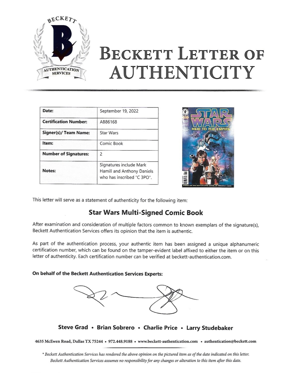 Star Wars Heir To The Empire Mark Hamill Anthony Daniels Signed Comic #6 BAS LOA2