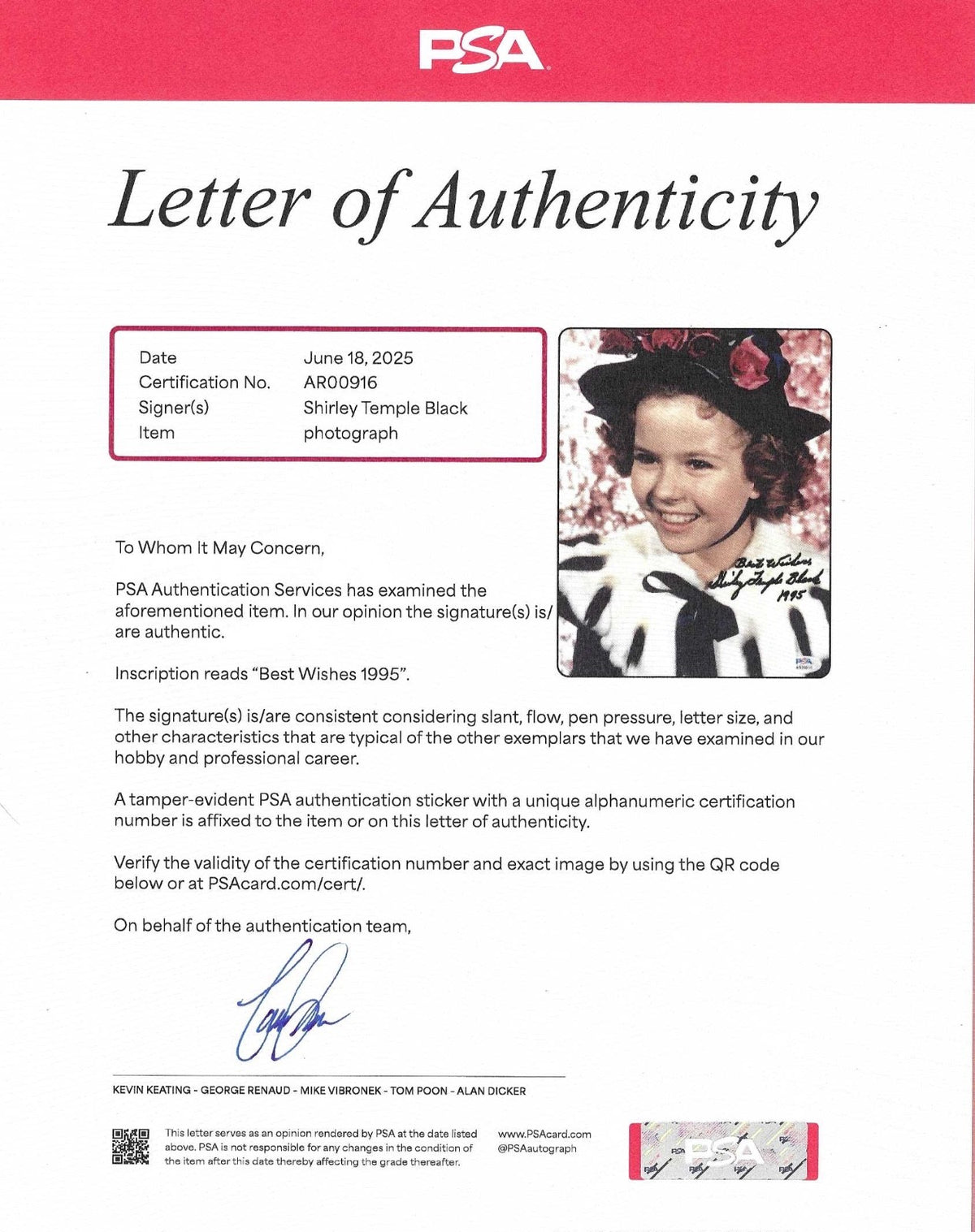 Shirley Temple Black Heidi The Little Princes Signed Auto 8x10 Photo PSA DNA COA1