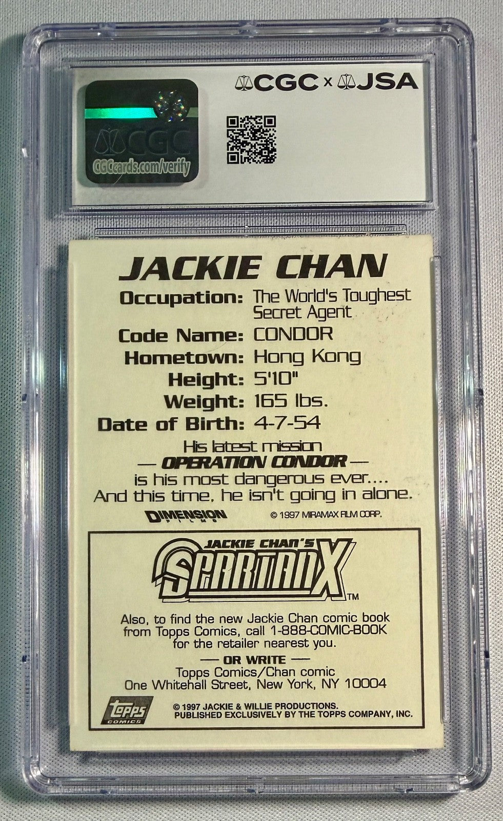 1997 Topps Operation Condor Jackie Chan Signed Auto Rookie RC Card JSA CGC1